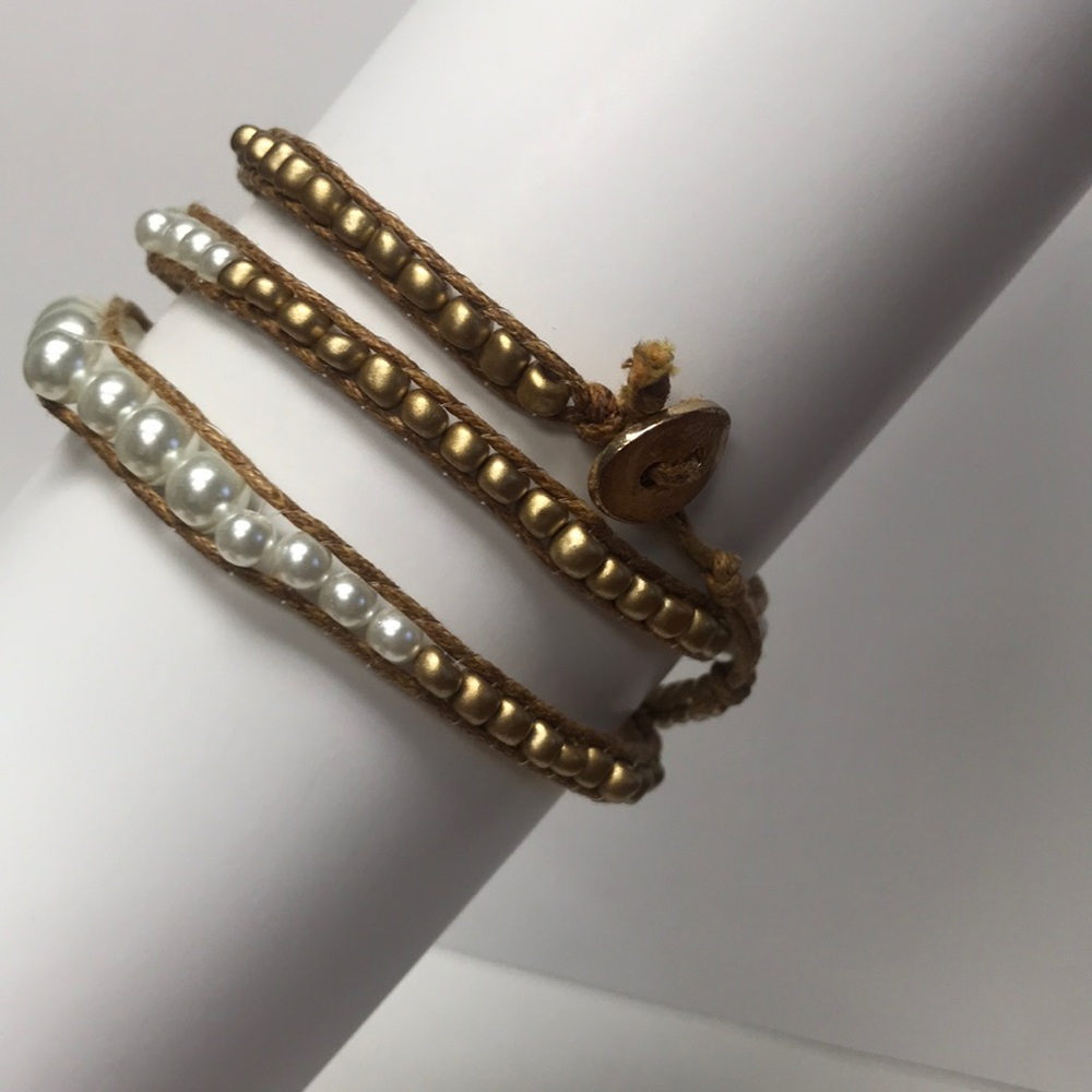 GOLD AND PEARL BEADED WRAP BRACELET